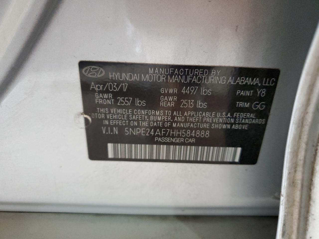 2017 Hyundai Sonata Se VIN: 5NPE24AF7HH584888 Lot: 52749954