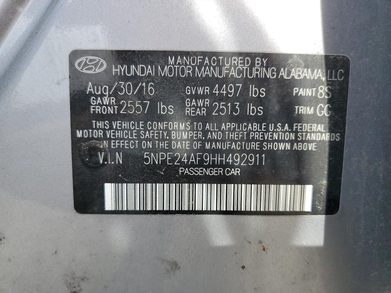 2017 Hyundai Sonata Se VIN: 5NPE24AF9HH492911 Lot: 51583594