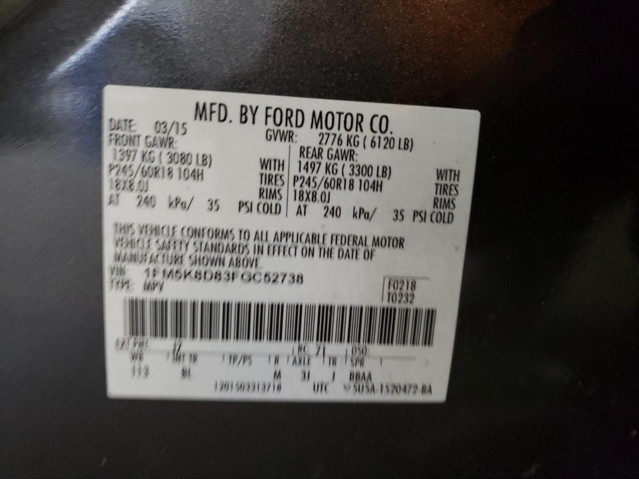 2015 Ford Explorer Xlt VIN: 1FM5K8D83FGC52738 Lot: 51222894