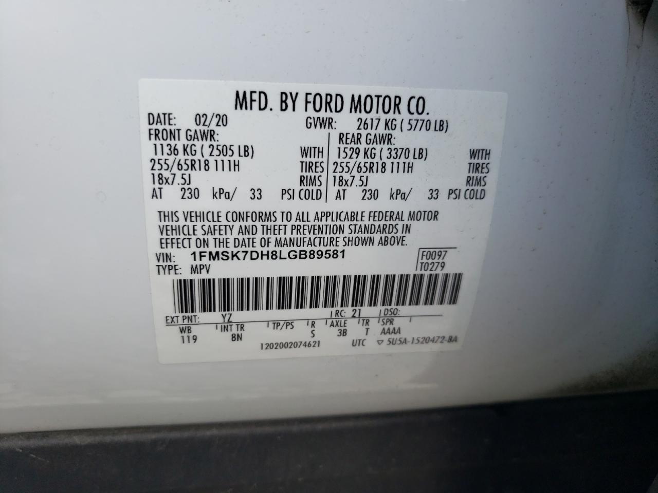 2020 Ford Explorer Xlt VIN: 1FMSK7DH8LGB89581 Lot: 51563954