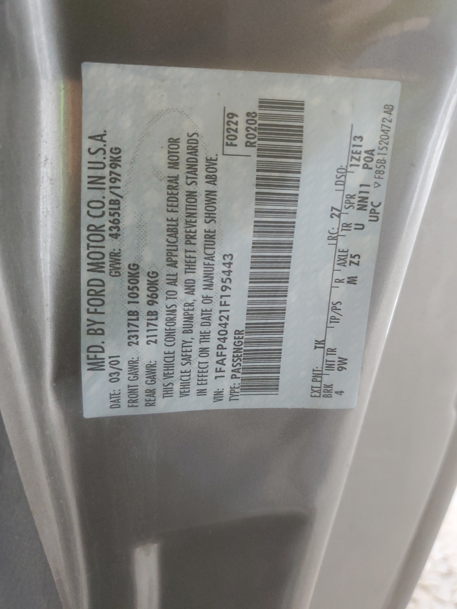 1FAFP40421F195443 2001 Ford Mustang