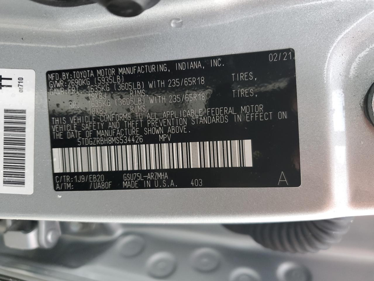 5TDGZRBH8MS534426 2021 Toyota Highlander Xle