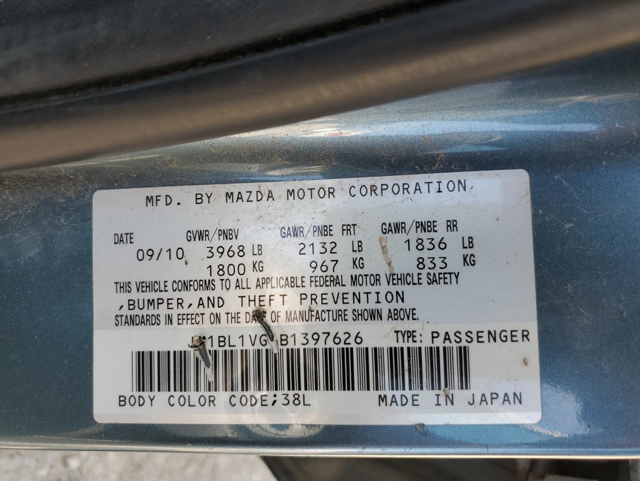 JM1BL1VG6B1397626 2011 Mazda 3 I