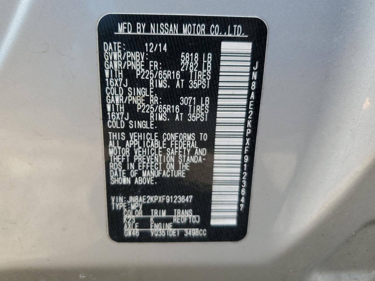 2015 Nissan Quest S VIN: JN8AE2KPXF9123647 Lot: 52329424