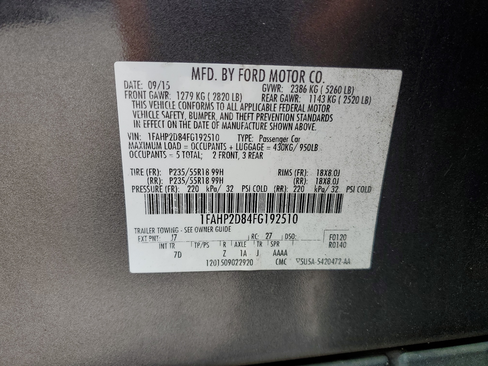 1FAHP2D84FG192510 2015 Ford Taurus Se