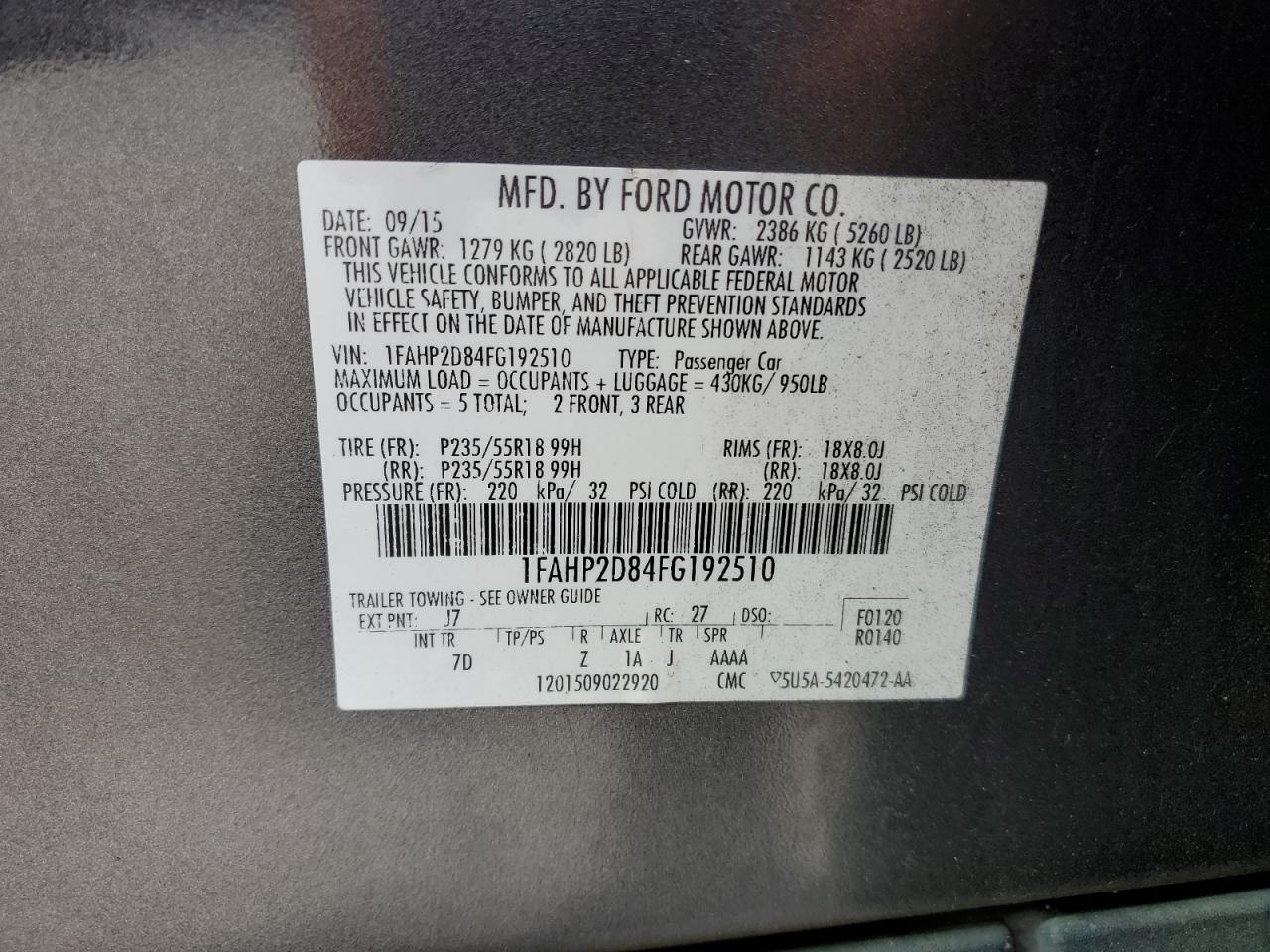 2015 Ford Taurus Se VIN: 1FAHP2D84FG192510 Lot: 50810364