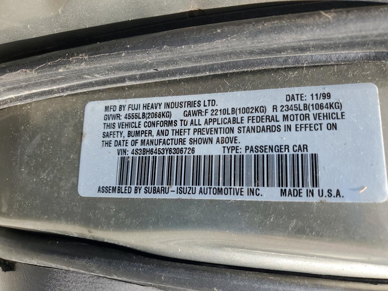 4S3BH6453Y6306726 2000 Subaru Legacy Gt