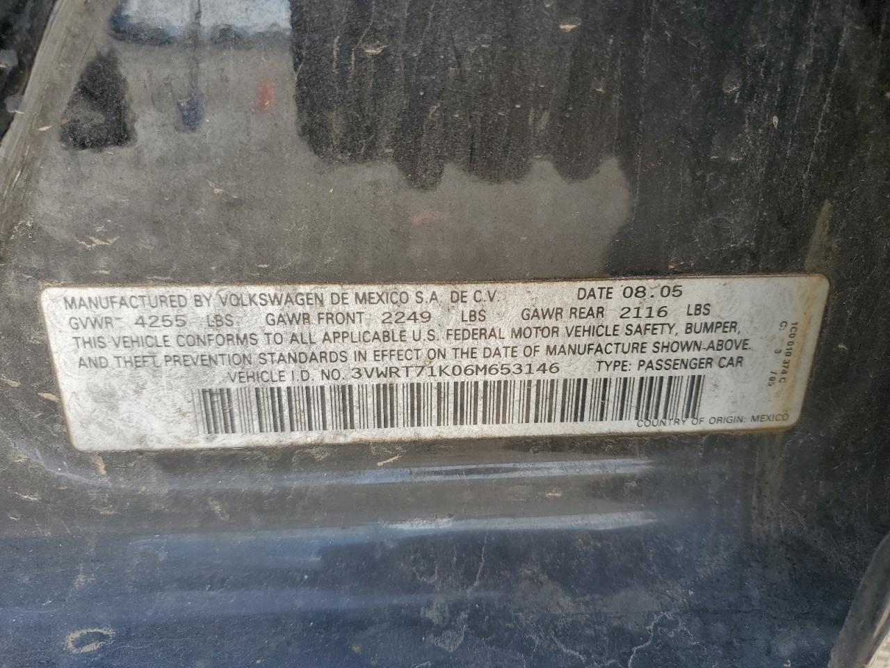 2006 Volkswagen Jetta Tdi VIN: 3VWRT71K06M653146 Lot: 52847204