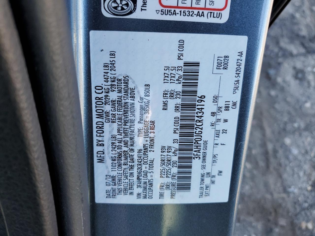 2012 Ford Fusion Sel VIN: 3FAHP0JG2CR434196 Lot: 50812974