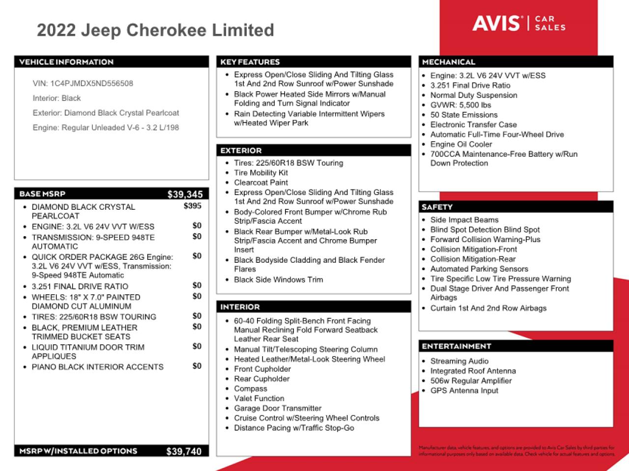 2022 Jeep Cherokee Limited VIN: 1C4PJMDX5ND556508 Lot: 40876934