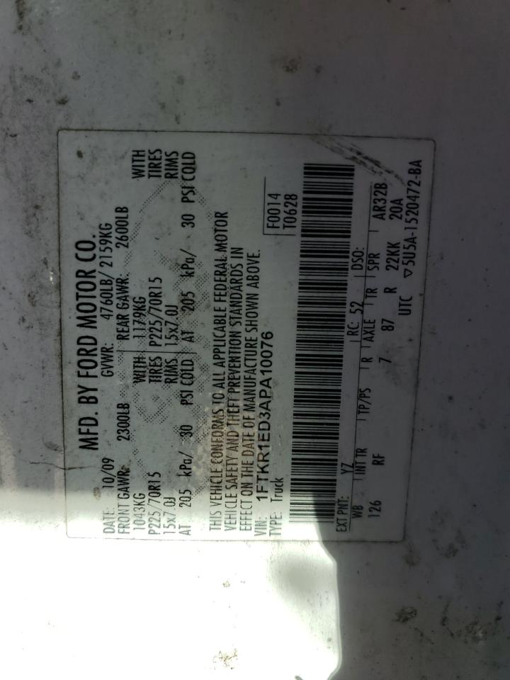 2010 Ford Ranger Super Cab VIN: 1FTKR1ED3APA10076 Lot: 52865735