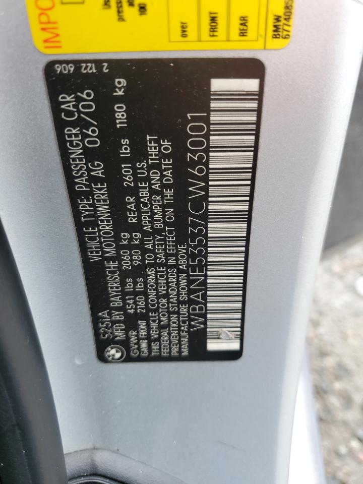 2007 BMW 525 I VIN: WBANE53537CW63001 Lot: 50454564