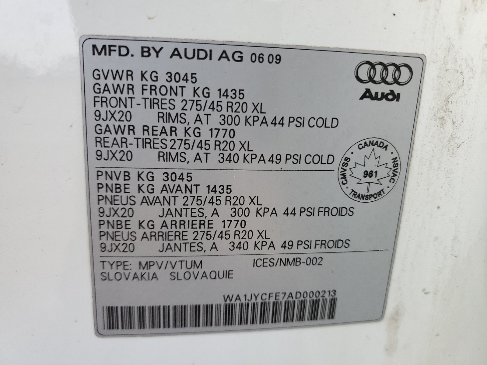 WA1JYCFE7AD000213 2010 Audi Q7 Premium