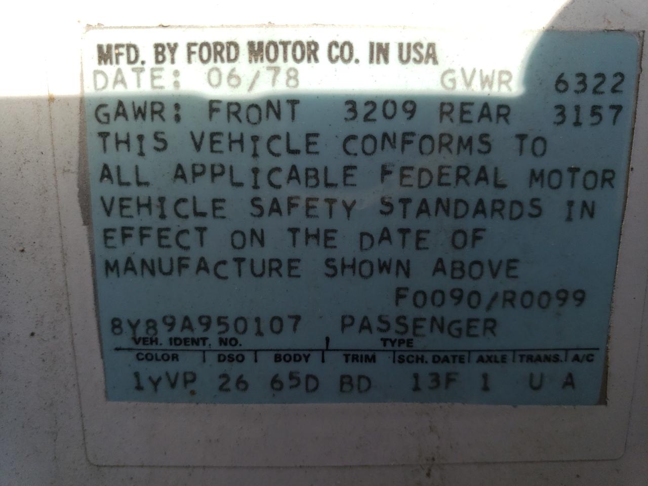 1978 Lincoln Mark Iii VIN: 8Y89A950107 Lot: 51303964