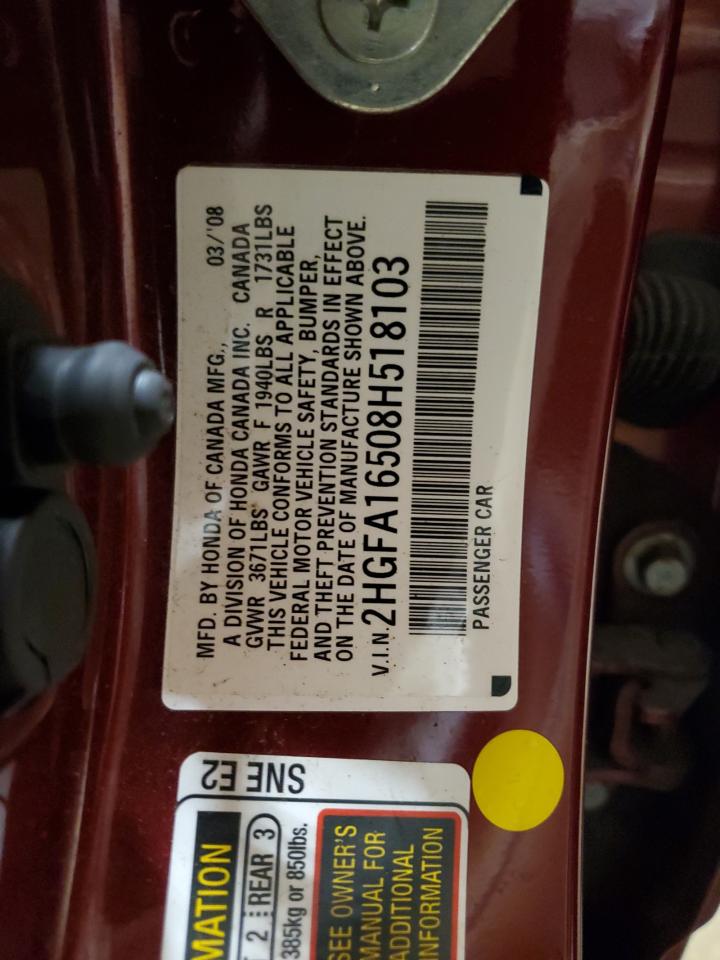 2008 Honda Civic Lx VIN: 2HGFA16508H518103 Lot: 51756354