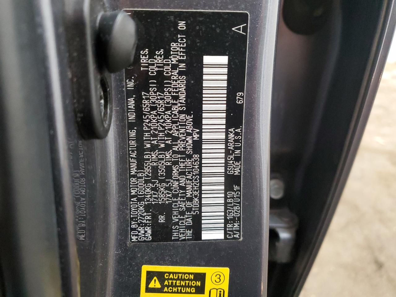 2012 Toyota Highlander Base VIN: 5TDBK3EH2CS104638 Lot: 52301664