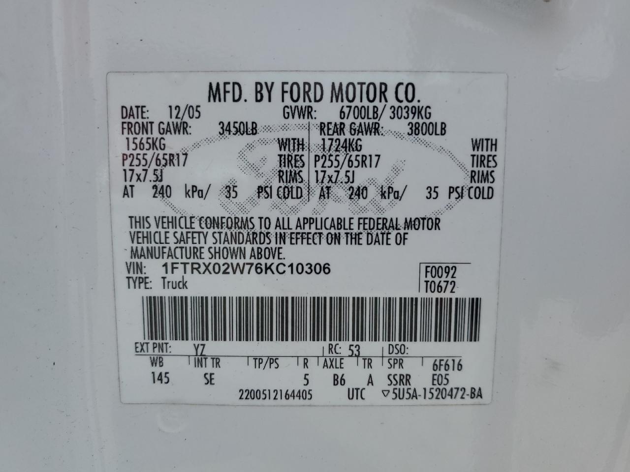 2006 Ford F150 VIN: 1FTRX02W76KC10306 Lot: 57191344