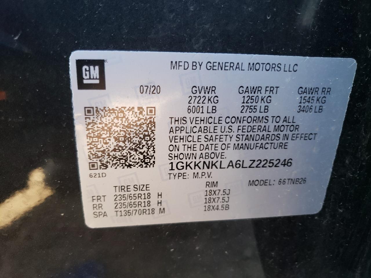 1GKKNKLA6LZ225246 2020 GMC Acadia Sle