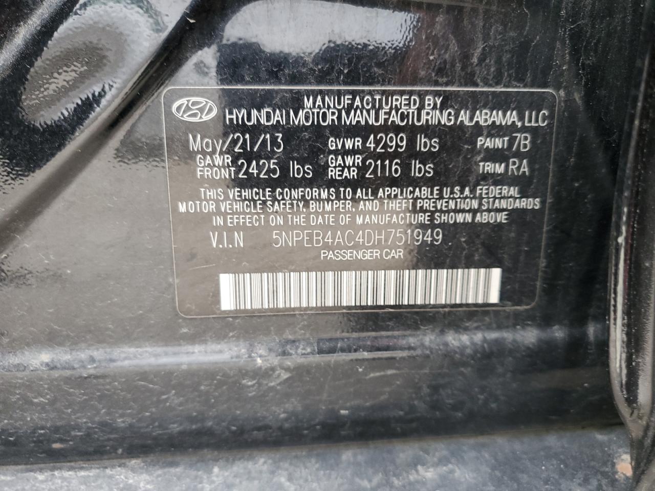 2013 Hyundai Sonata Gls VIN: 5NPEB4AC4DH751949 Lot: 50024594