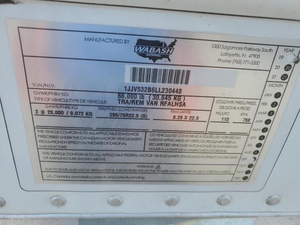 2020 Wabash 53Ftrervan VIN: 1JJV532B6LL230448 Lot: 52976994