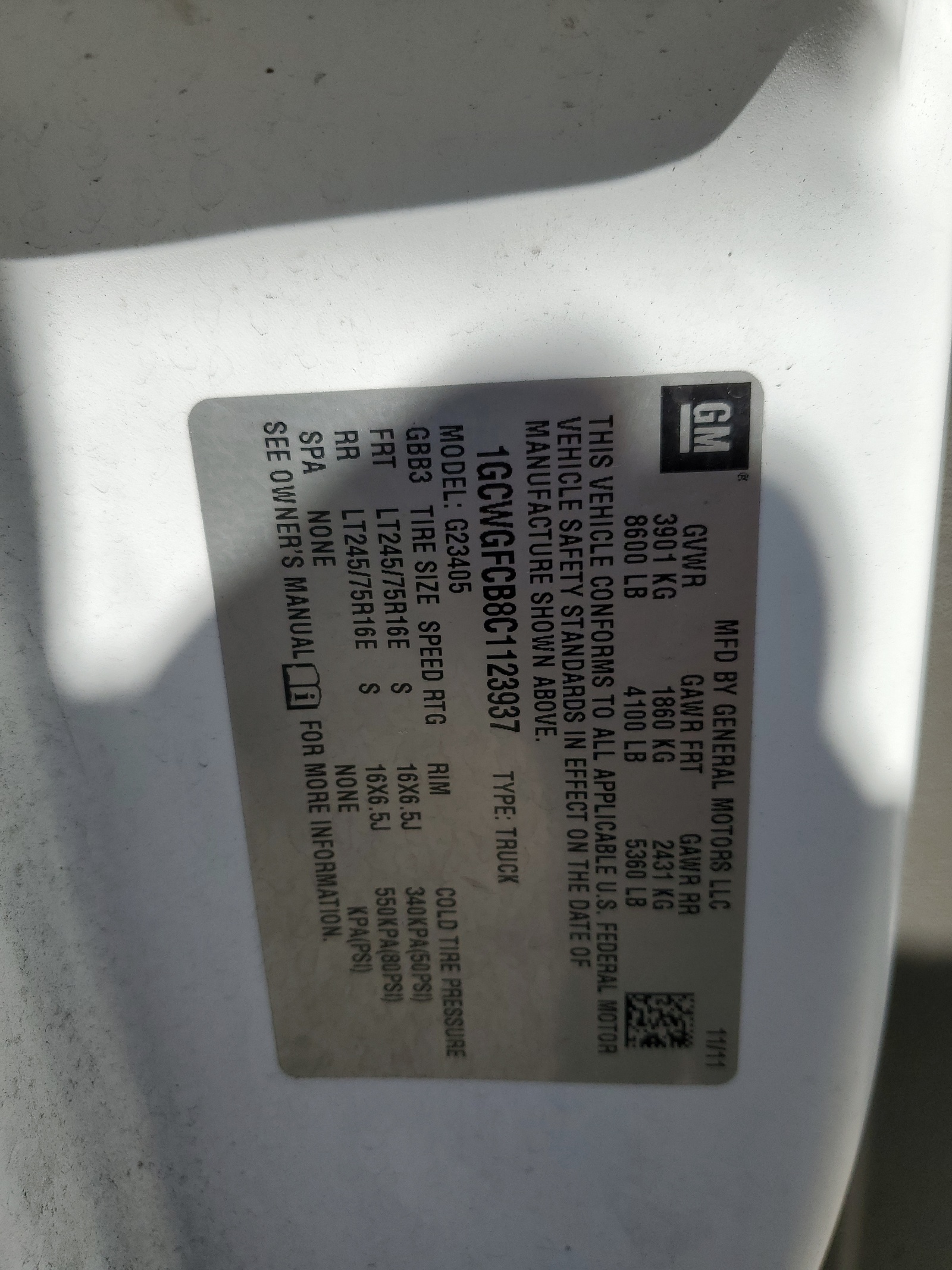 1GCWGFCB8C1123937 2012 Chevrolet Express G2500