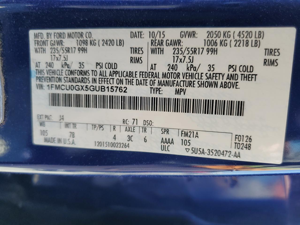 2016 Ford Escape Se VIN: 1FMCU0GX5GUB15762 Lot: 52719914