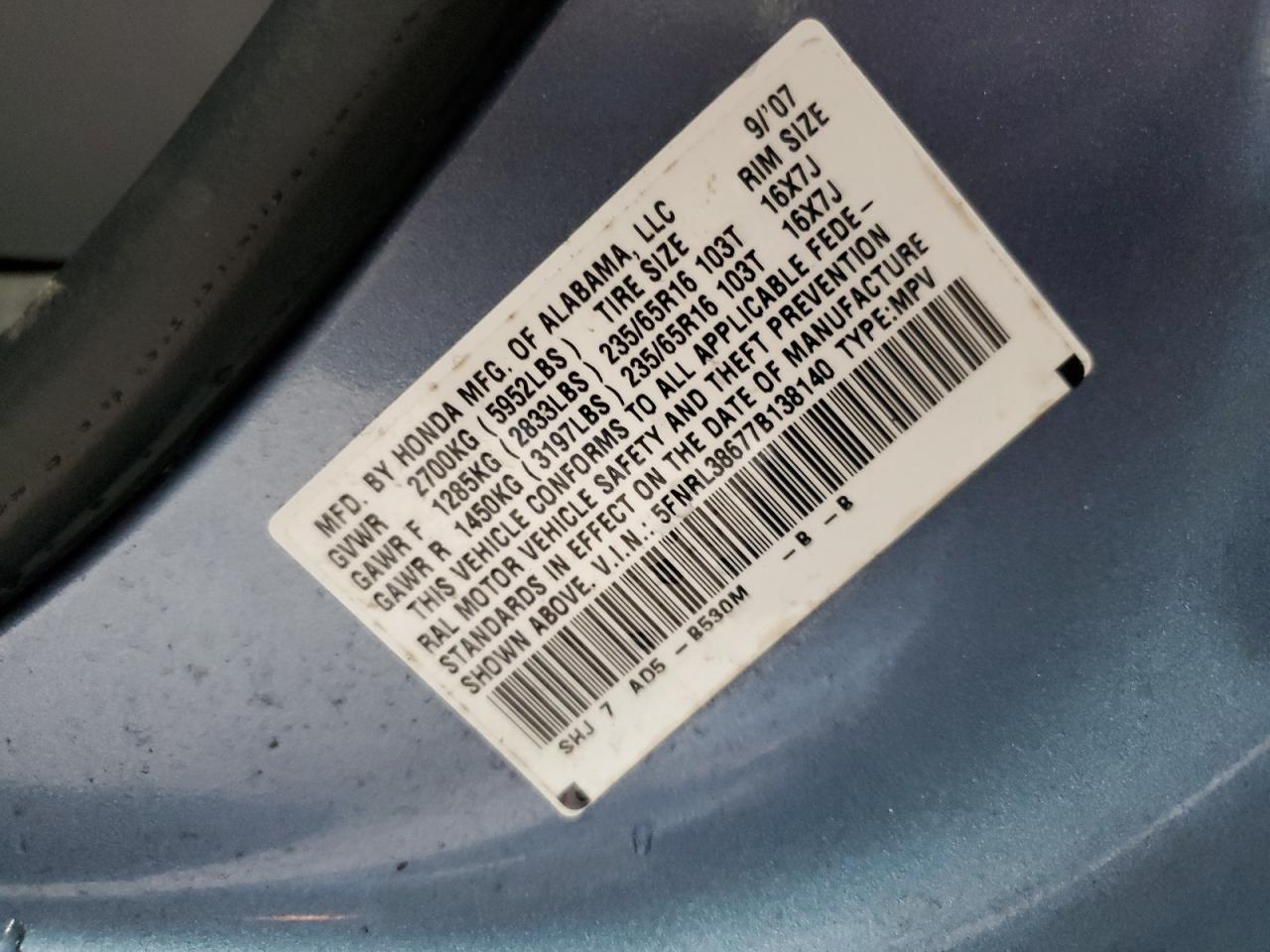 2007 Honda Odyssey Exl VIN: 5FNRL38677B138140 Lot: 53083964