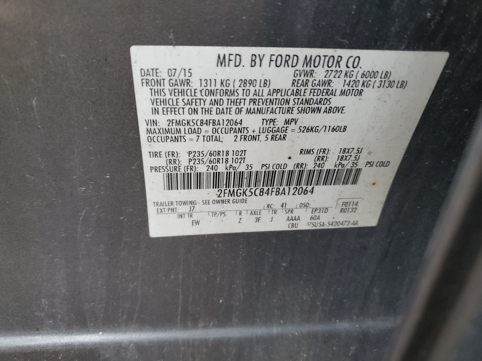 2FMGK5C84FBA12064 2015 Ford Flex Sel