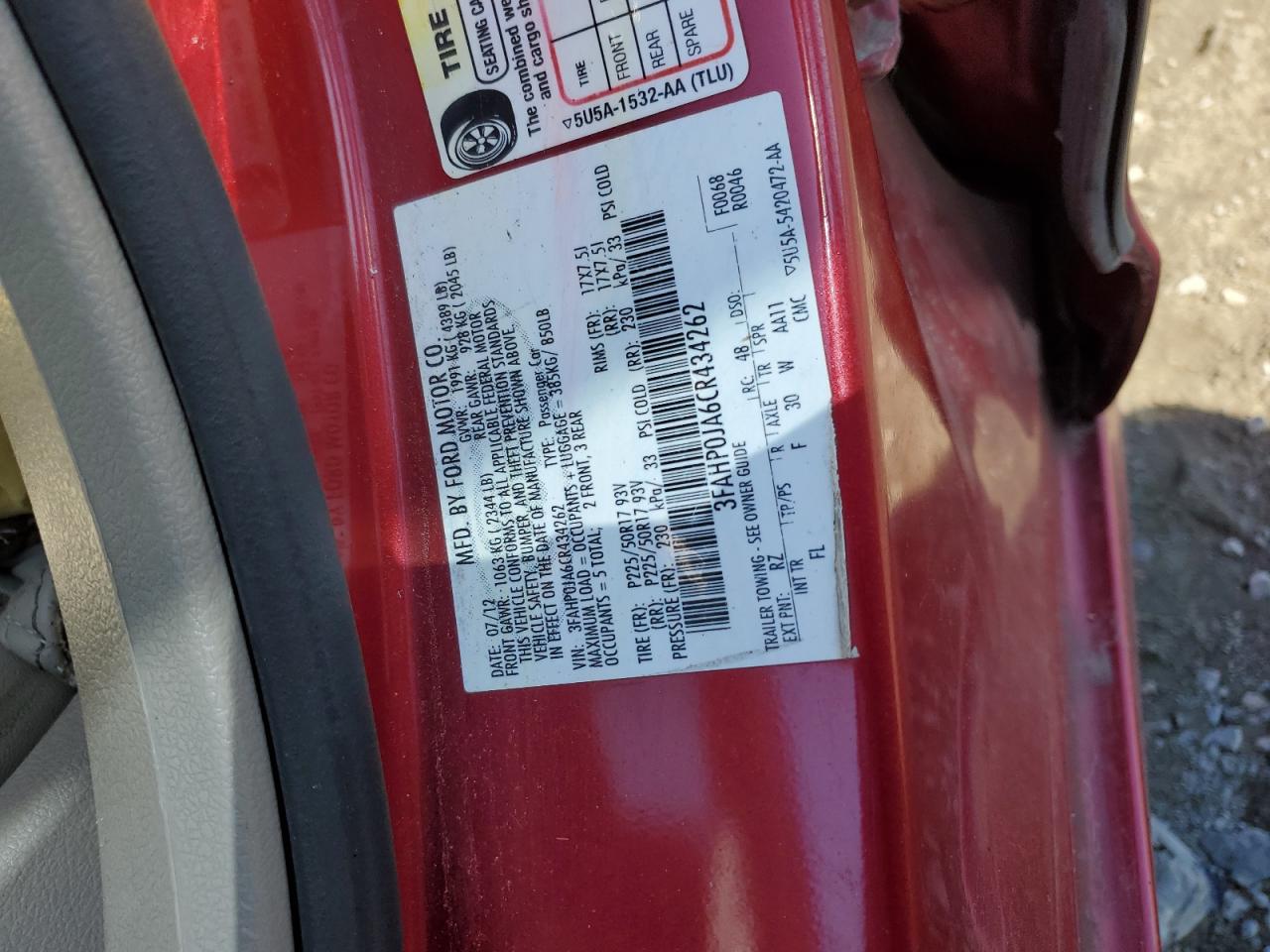 2012 Ford Fusion Sel VIN: 3FAHP0JA6CR434262 Lot: 50621094