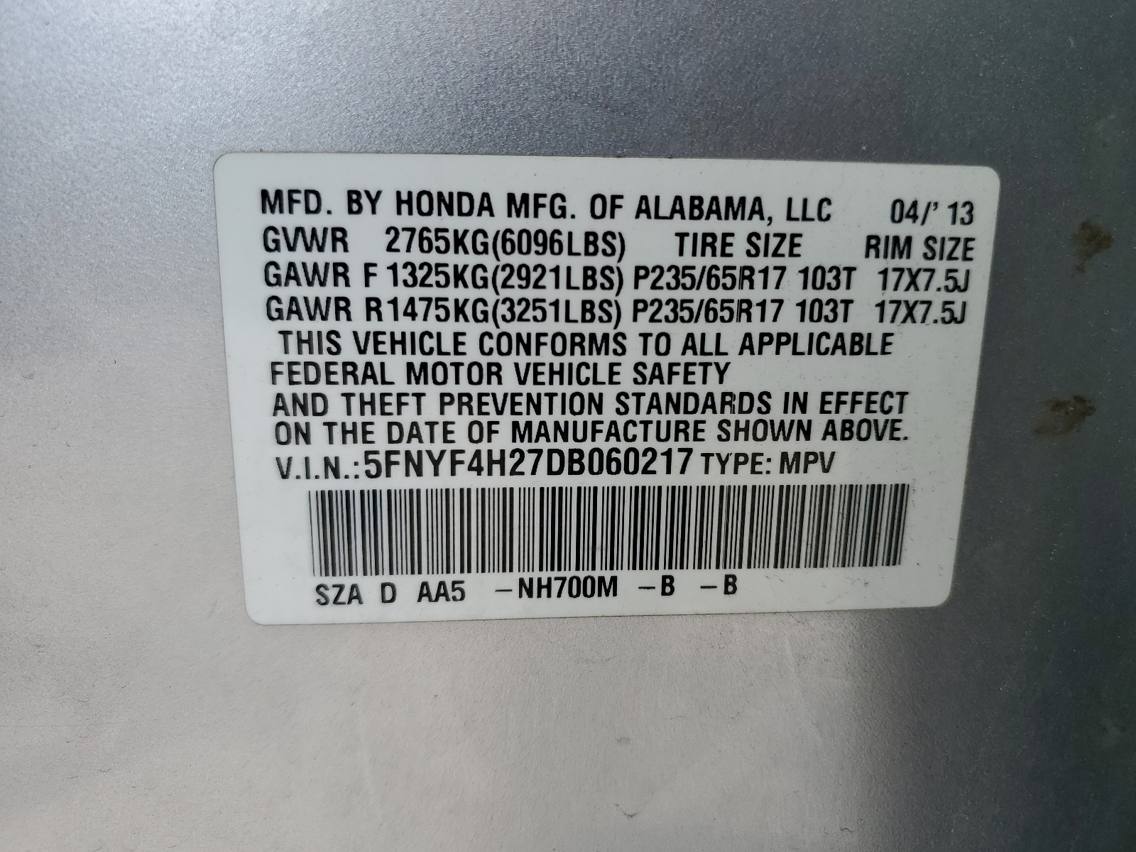 5FNYF4H27DB060217 2013 Honda Pilot Lx