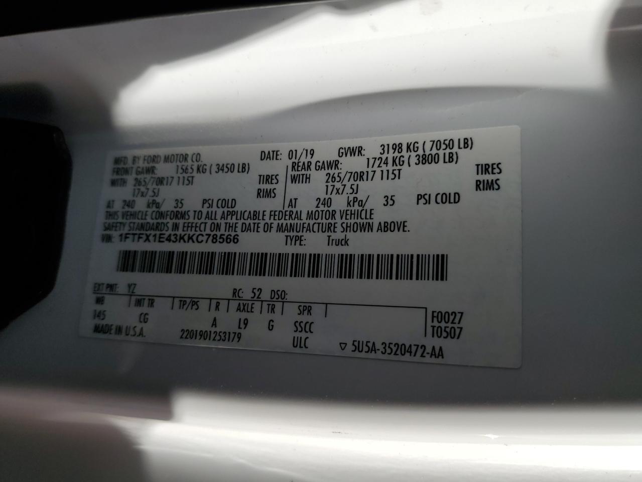 2019 Ford F150 Super Cab VIN: 1FTFX1E43KKC78566 Lot: 49892914