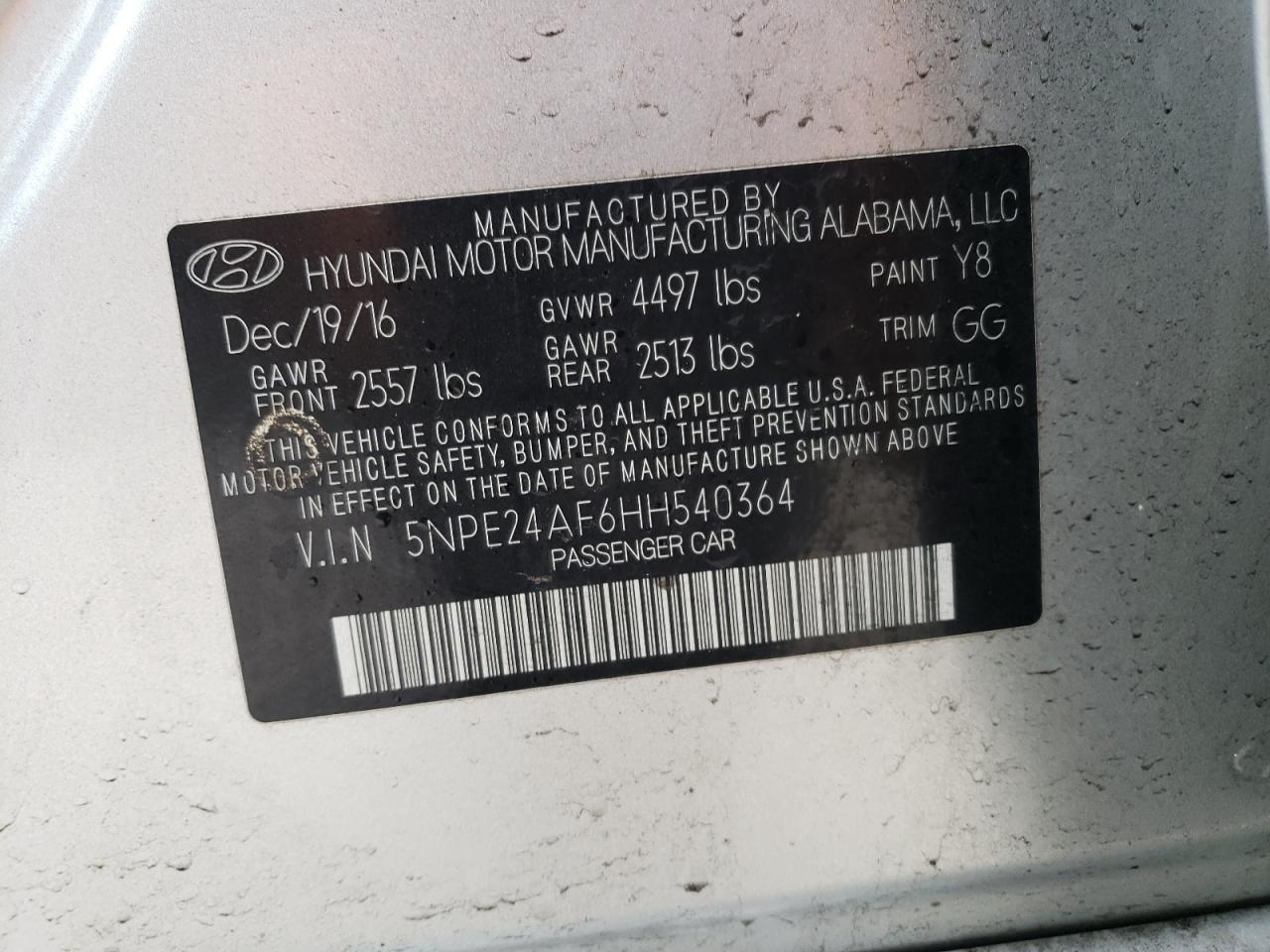 5NPE24AF6HH540364 2017 Hyundai Sonata Se