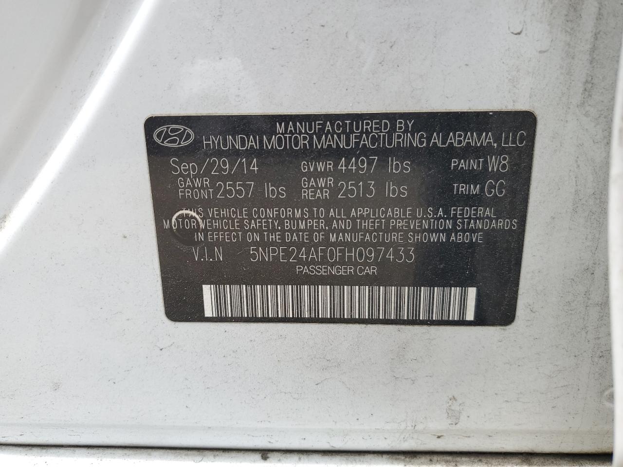 2015 Hyundai Sonata Se VIN: 5NPE24AF0FH097433 Lot: 51599054