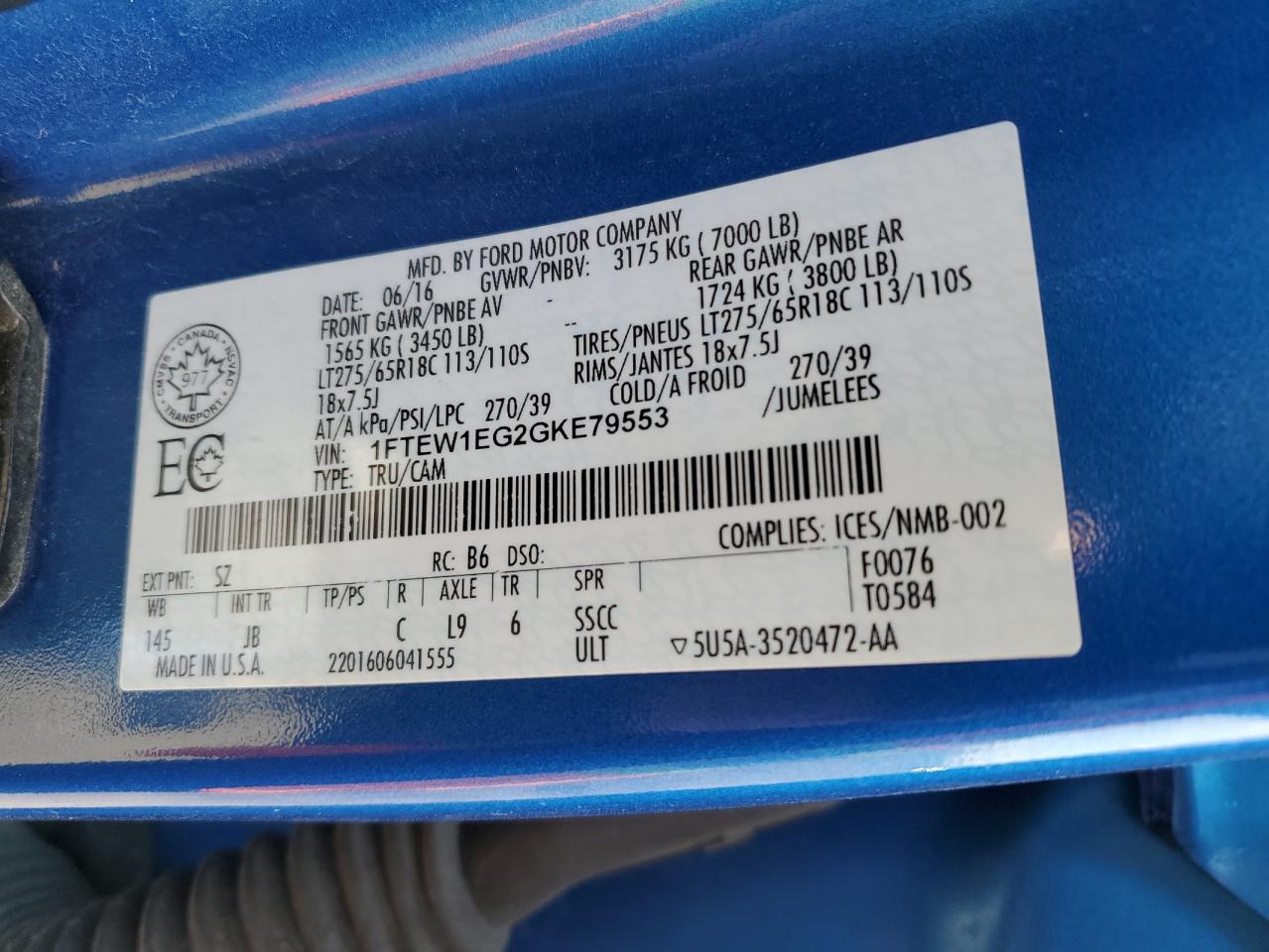 2016 Ford F150 Supercrew VIN: 1FTEW1EG2GKE79553 Lot: 87684005