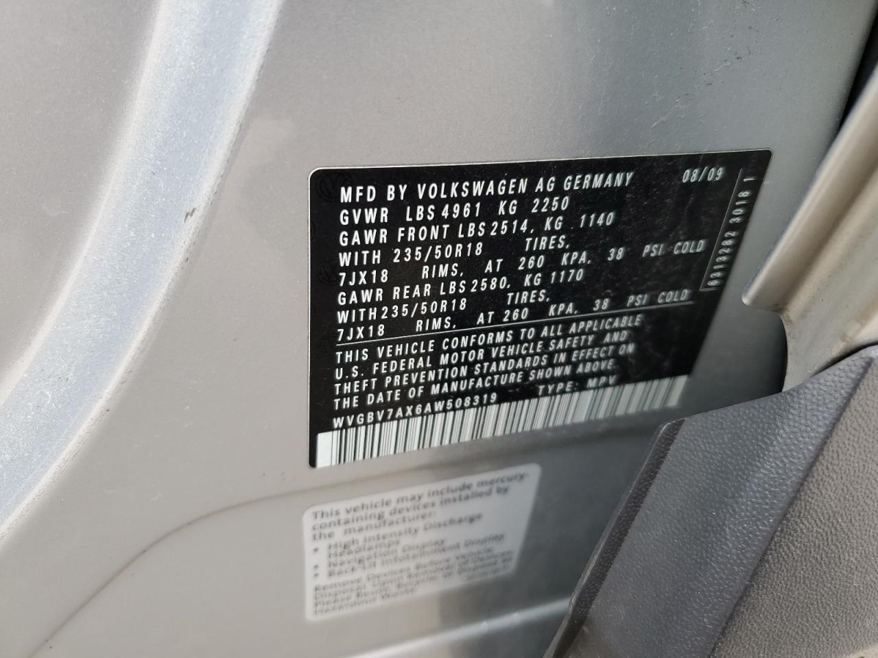 2010 Volkswagen Tiguan Se VIN: WVGBV7AX6AW508319 Lot: 58949294