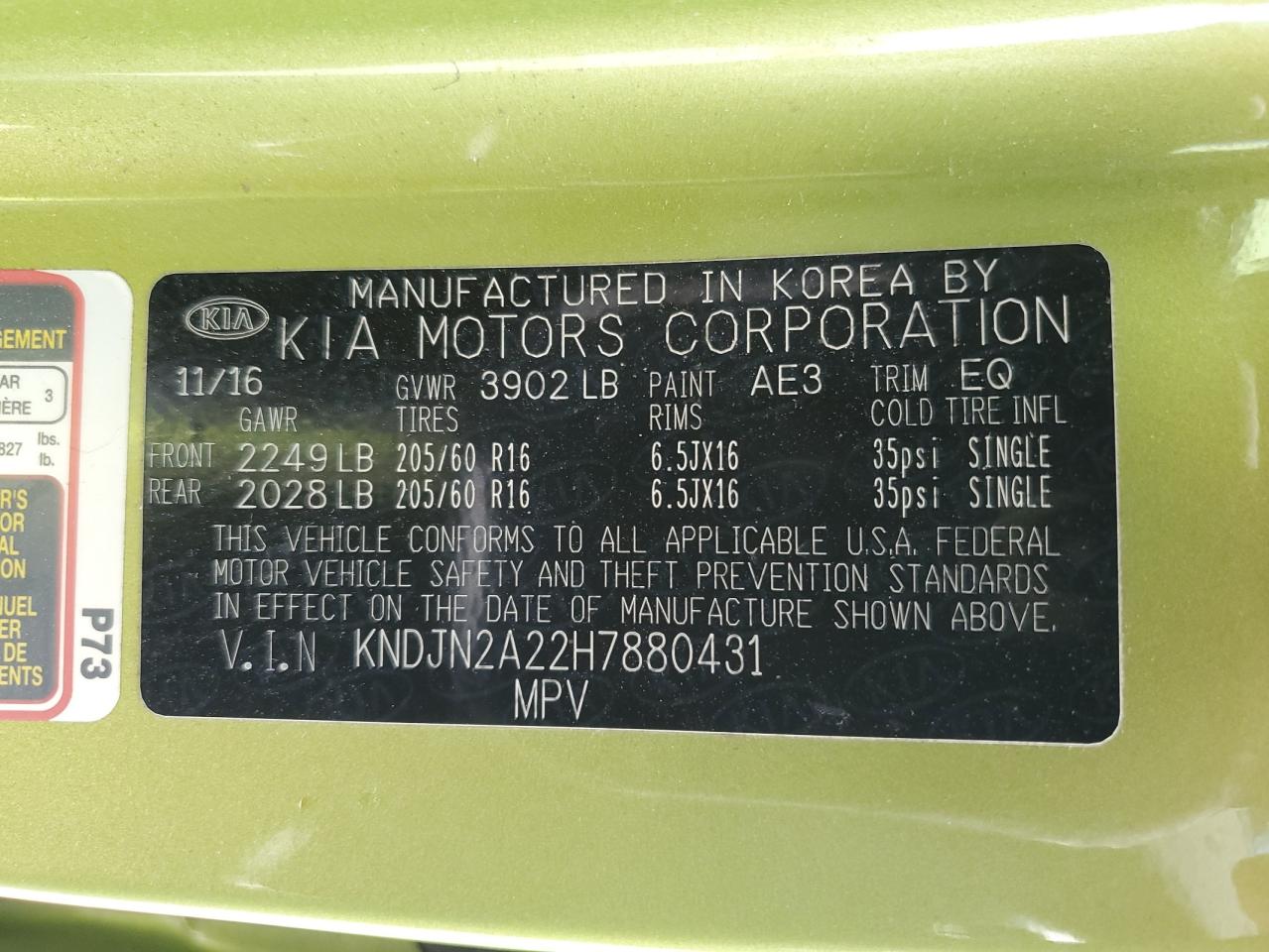 2017 Kia Soul VIN: KNDJN2A22H7880431 Lot: 52698934