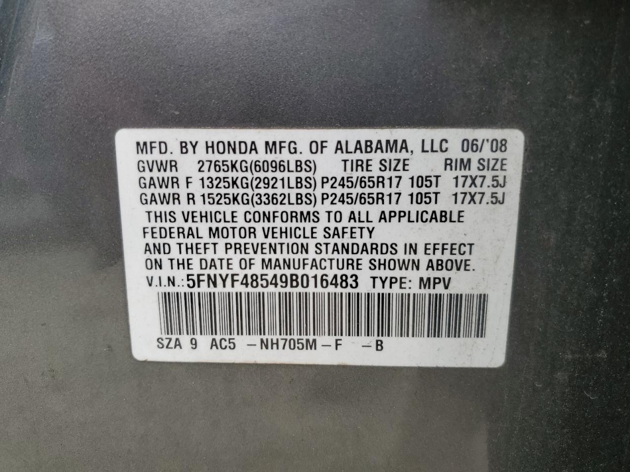 2009 Honda Pilot Exl VIN: 5FNYF48549B016483 Lot: 50948214