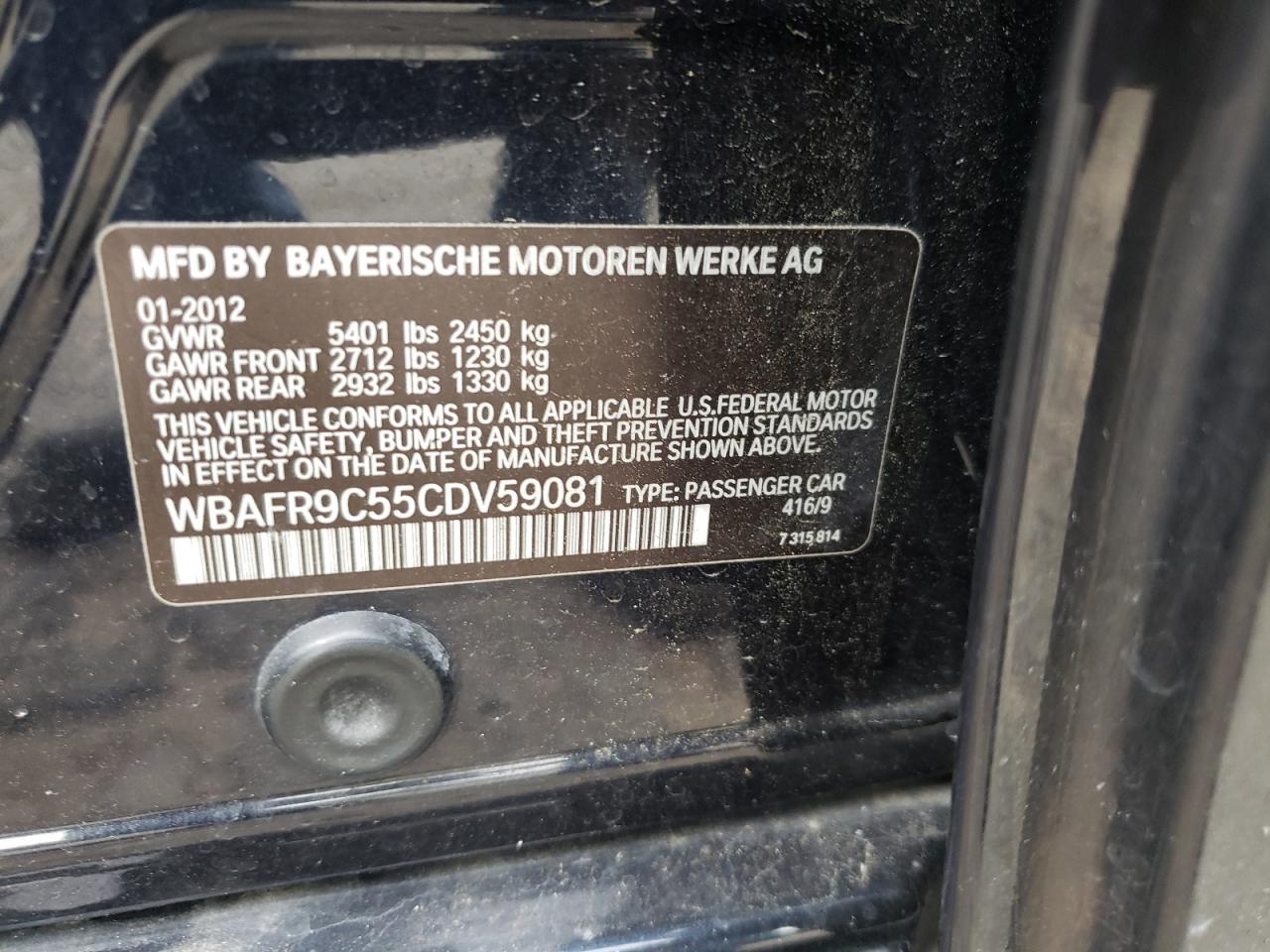 2012 BMW 550 I VIN: WBAFR9C55CDV59081 Lot: 51168284