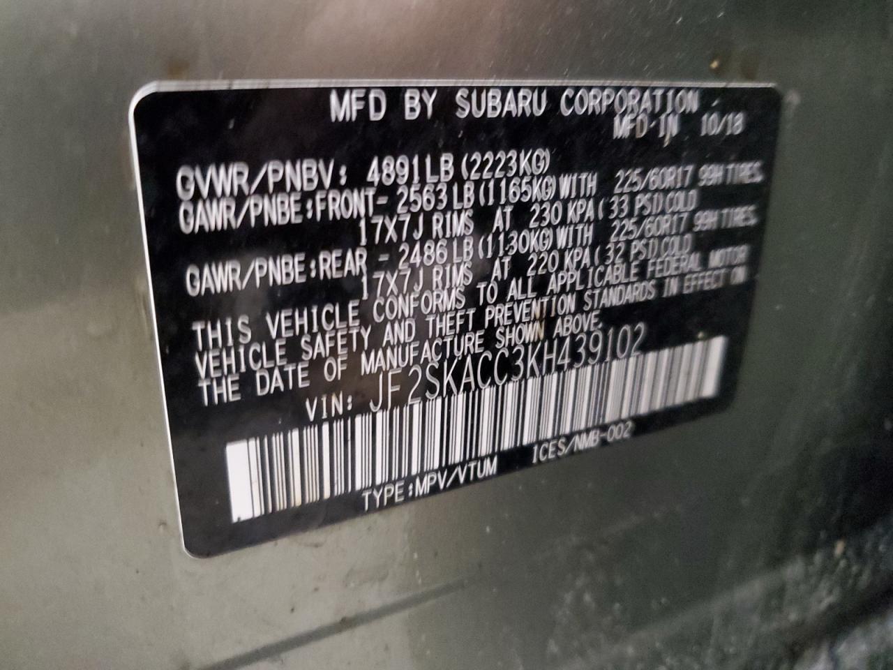 2019 Subaru Forester VIN: JF2SKACC3KH439102 Lot: 52197874