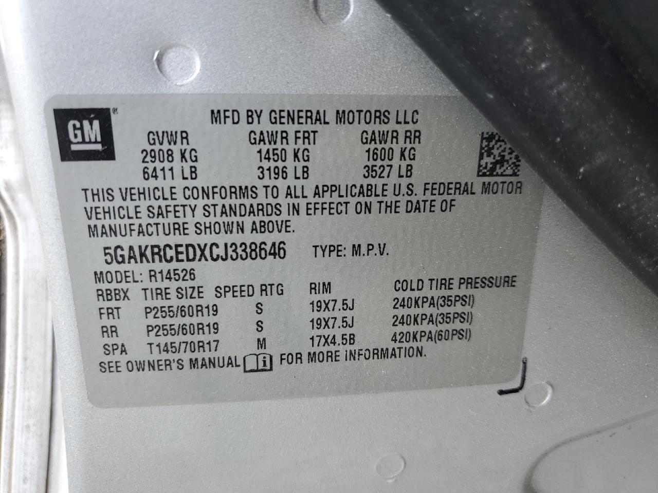 2012 Buick Enclave VIN: 5GAKRCEDXCJ338646 Lot: 53038024