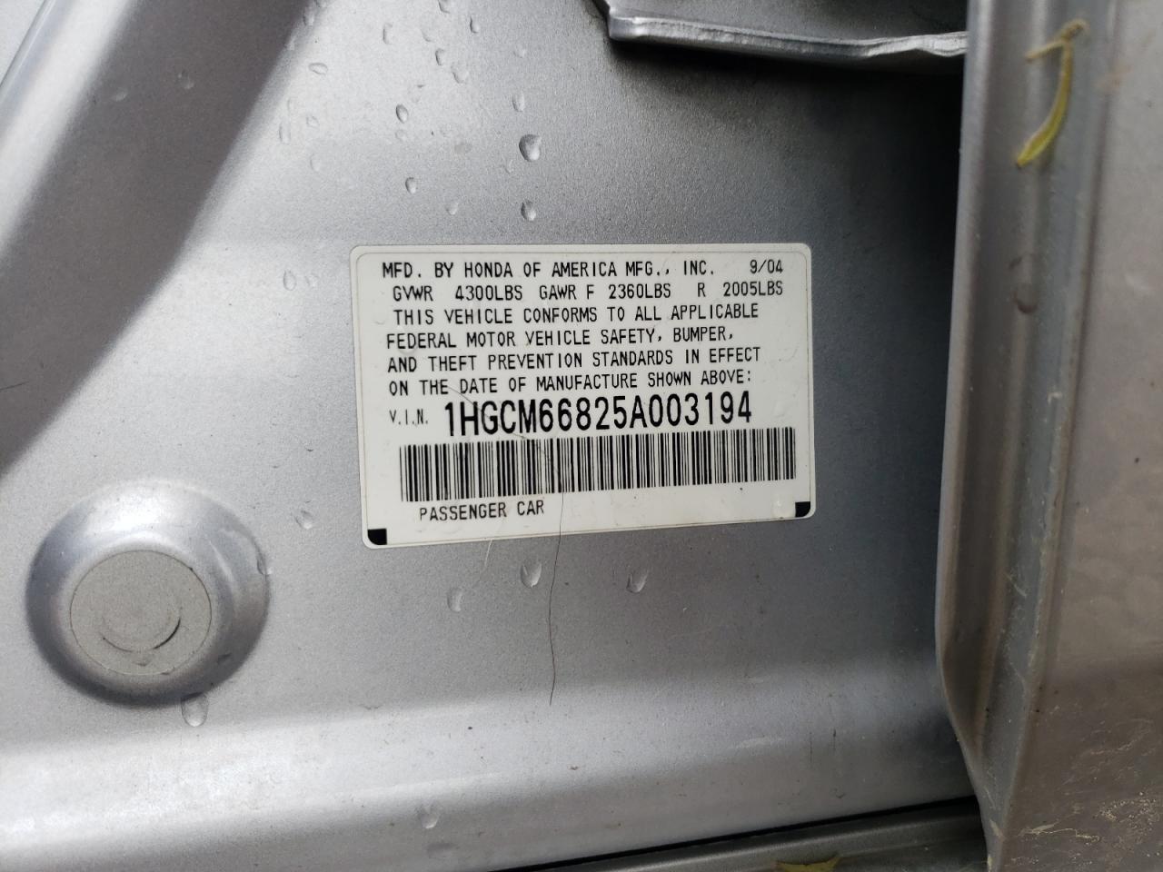 2005 Honda Accord Ex VIN: 1HGCM66825A003194 Lot: 52649904