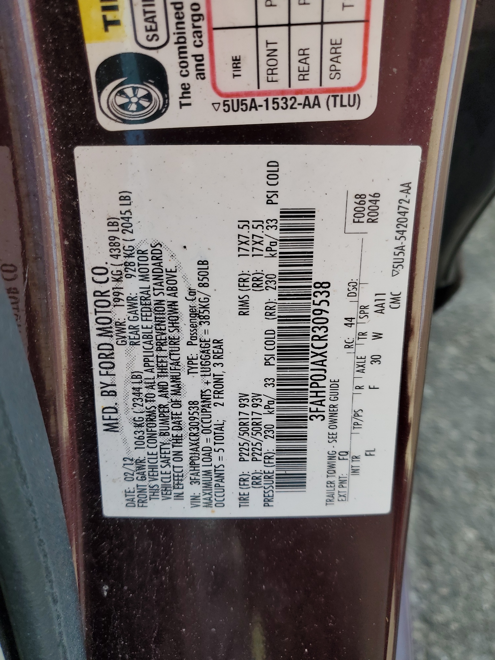 3FAHP0JAXCR309538 2012 Ford Fusion Sel