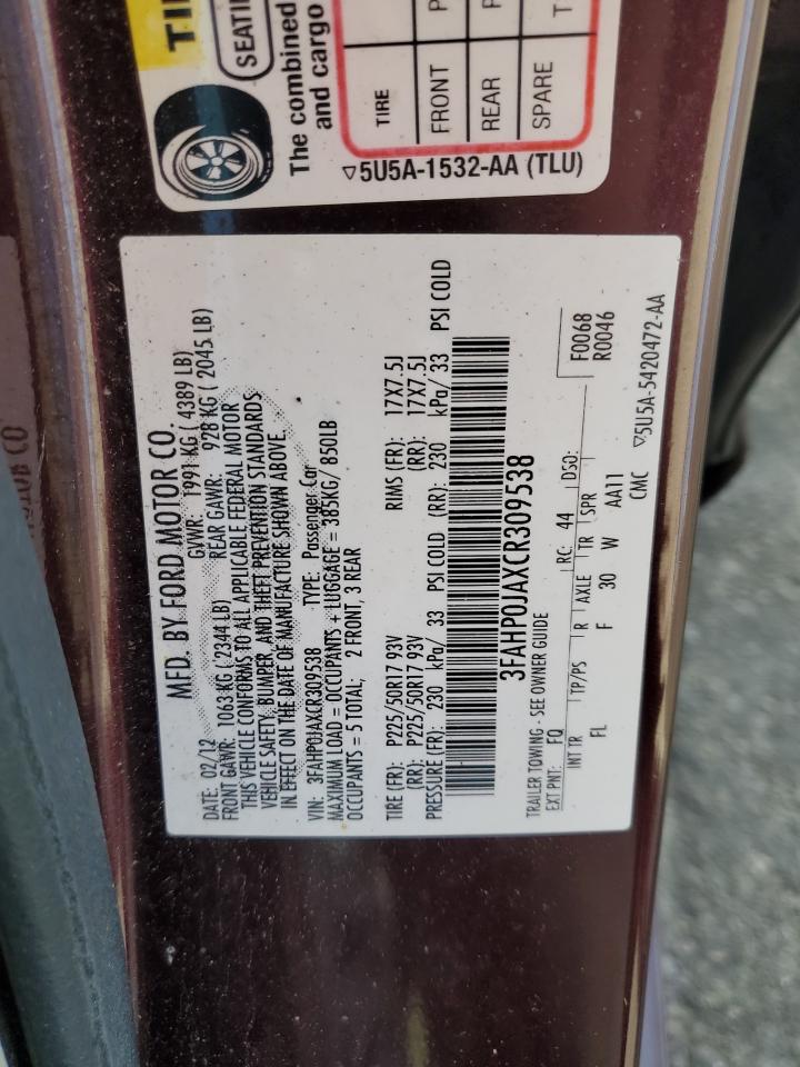 2012 Ford Fusion Sel VIN: 3FAHP0JAXCR309538 Lot: 52401694