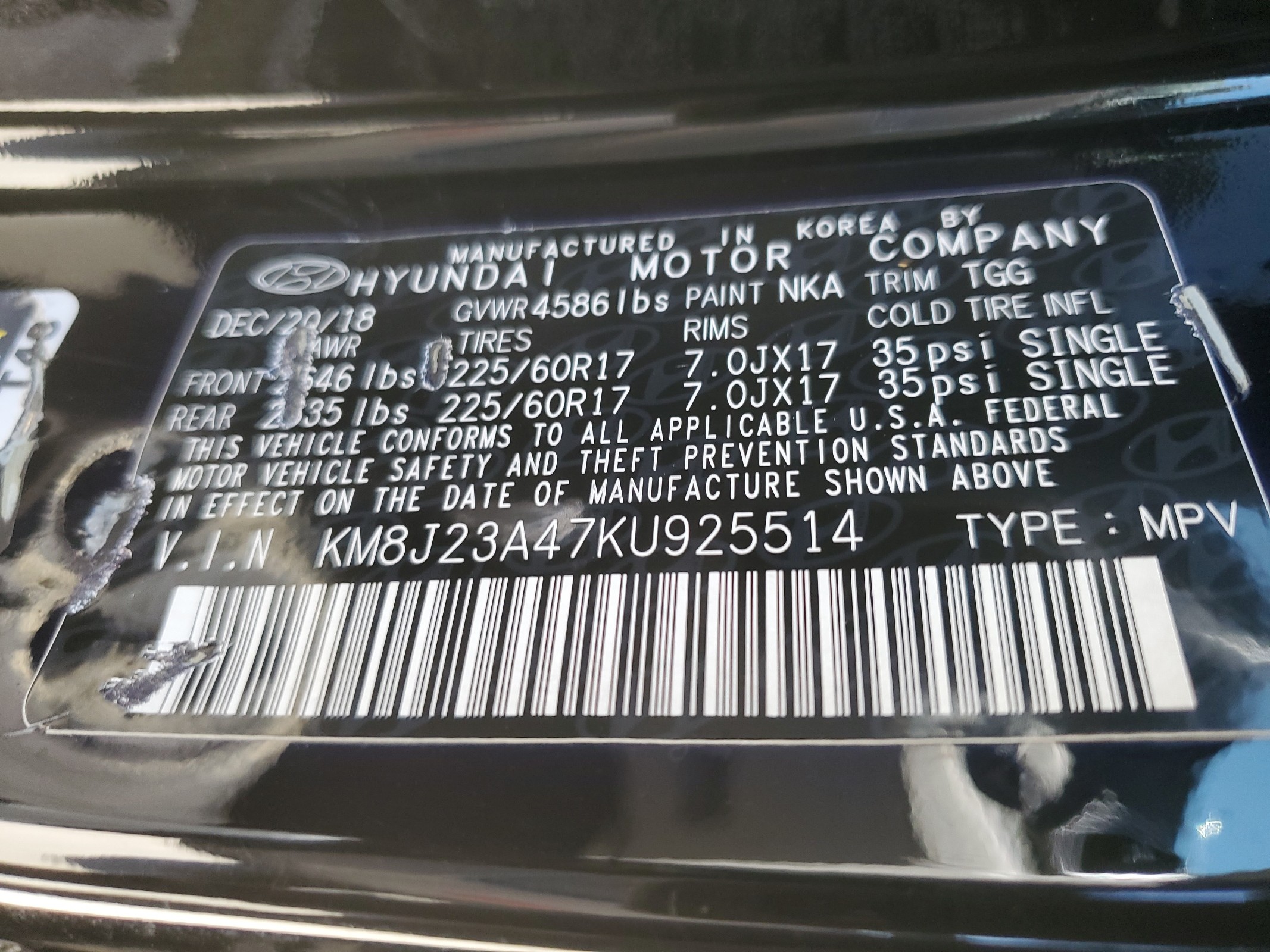 KM8J23A47KU925514 2019 Hyundai Tucson Se