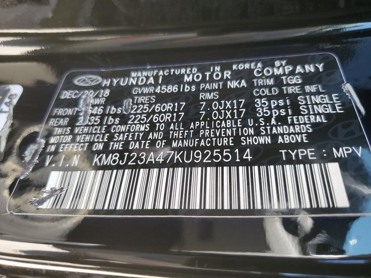 2019 Hyundai Tucson Se VIN: KM8J23A47KU925514 Lot: 51542334