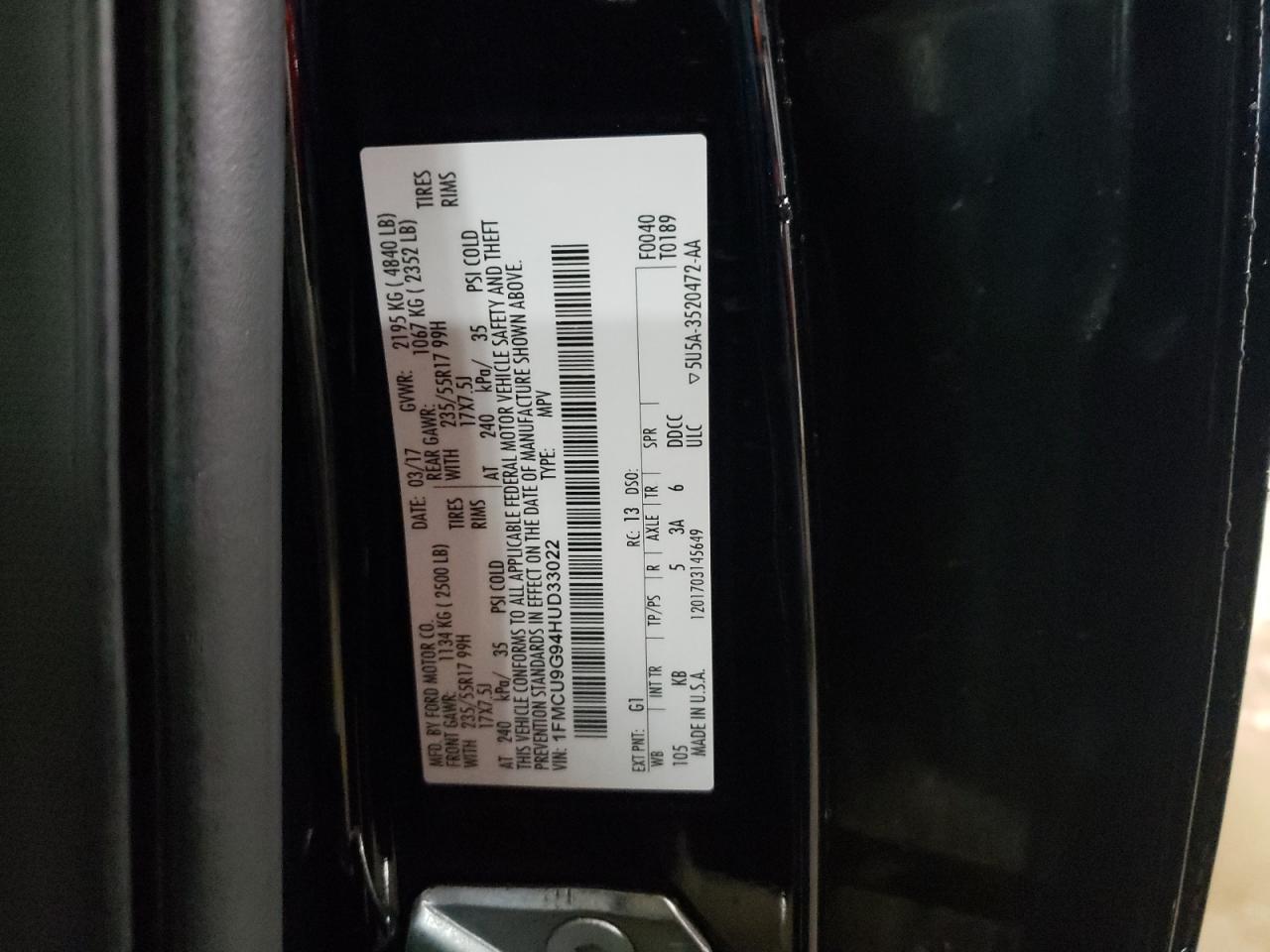 2017 Ford Escape Se VIN: 1FMCU9G94HUD33022 Lot: 49170804