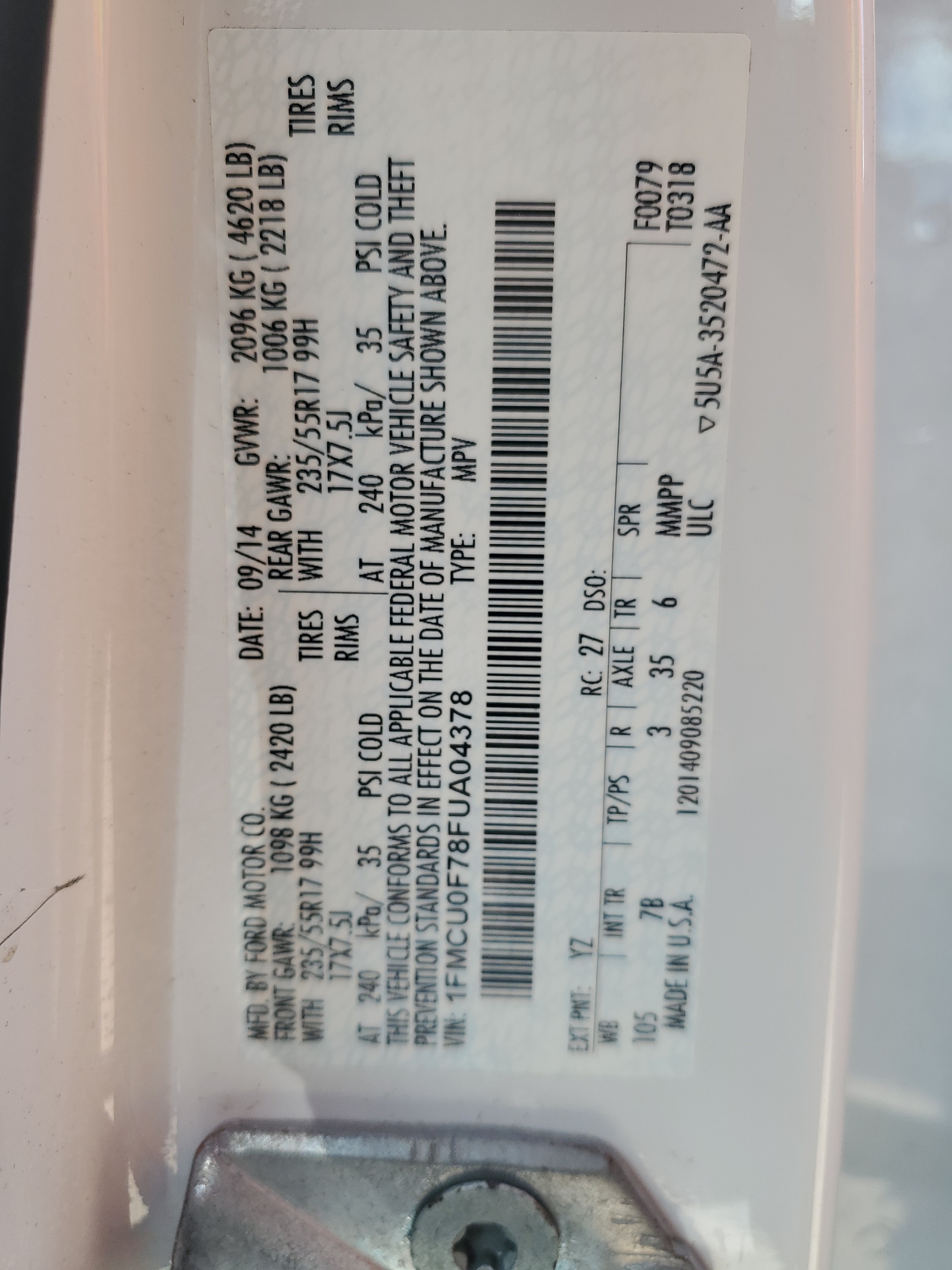 1FMCU0F78FUA04378 2015 Ford Escape S