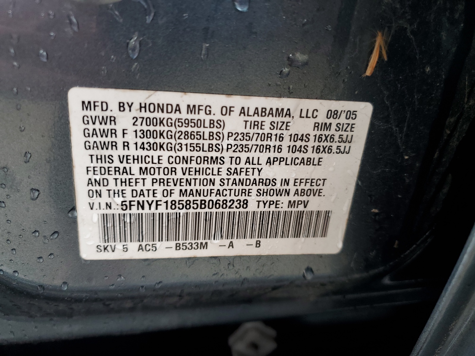 5FNYF18585B068238 2005 Honda Pilot Exl