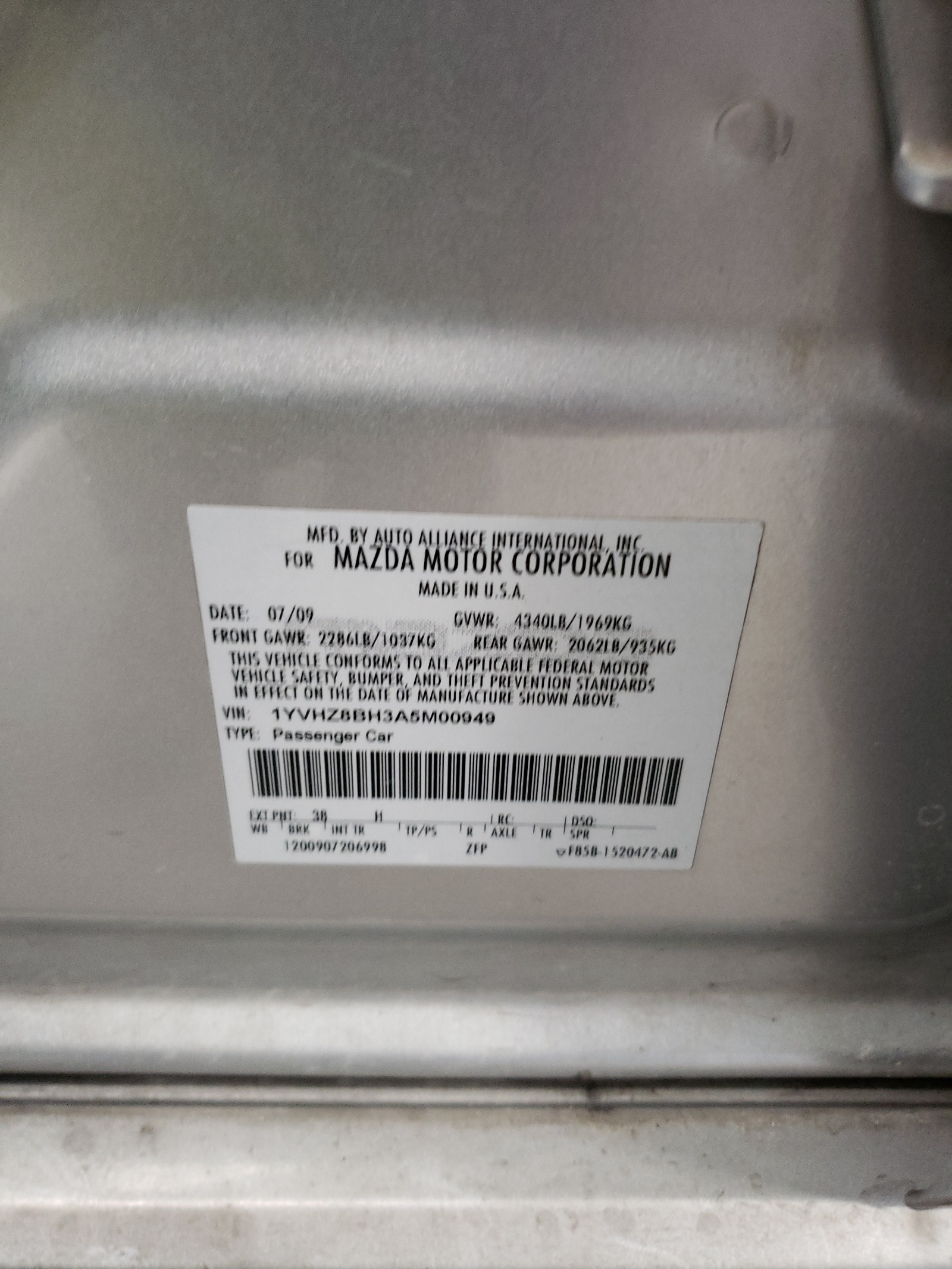 1YVHZ8BH3A5M00949 2010 Mazda 6 I