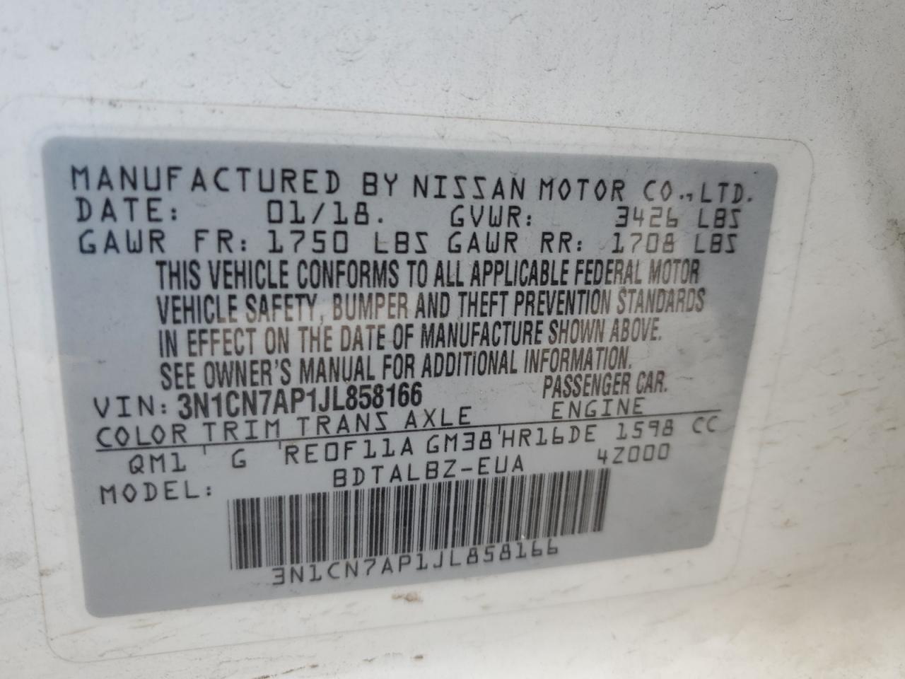 2018 Nissan Versa S VIN: 3N1CN7AP1JL858166 Lot: 51097024